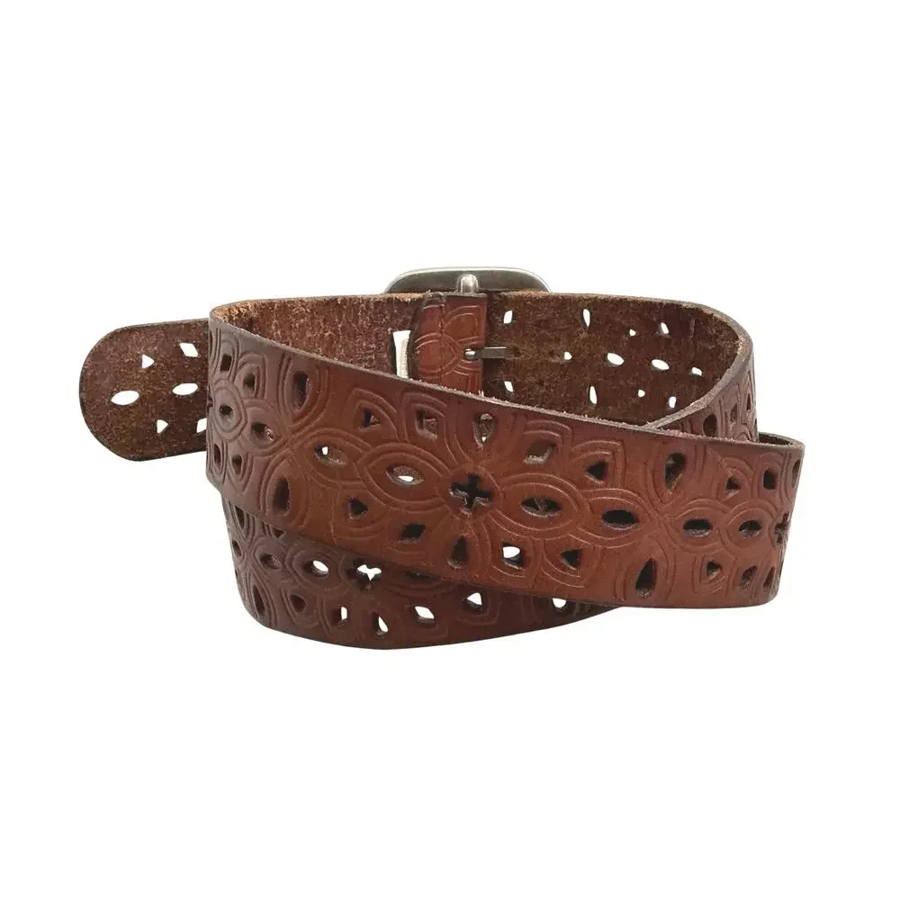 Fossil Western Floral Geometric Embossed Laser Cut Brown Leather Belt Size M